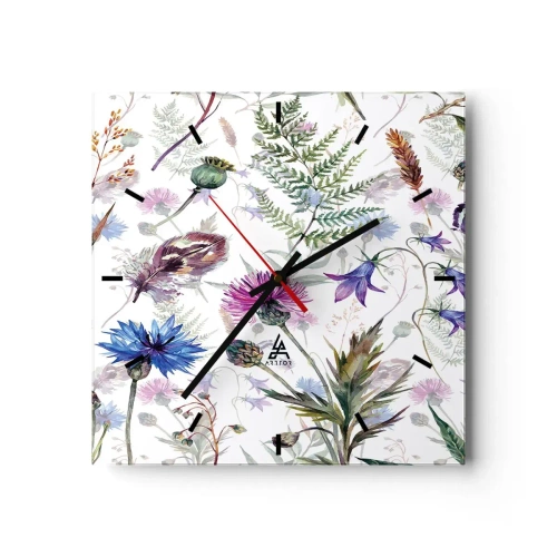 Reloj de pared - Reloj de vidrio - Flores y hierbas de acuarela sobre un fondo blanco en estilo herbario. - 30x30cm - Herbario polaco - Decoración de pared moderna para salón y dormitorio ARTTOR