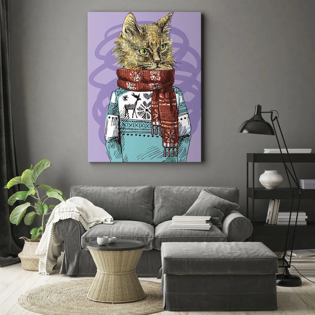 Cuadro sobre lienzo - Impresión de Imagen - Un gato con un suéter y una bufanda sobre un fondo morado. - 50x70cm - El gato no solo tenía botas - Decoración de pared moderna para salón y dormitorio ARTTOR