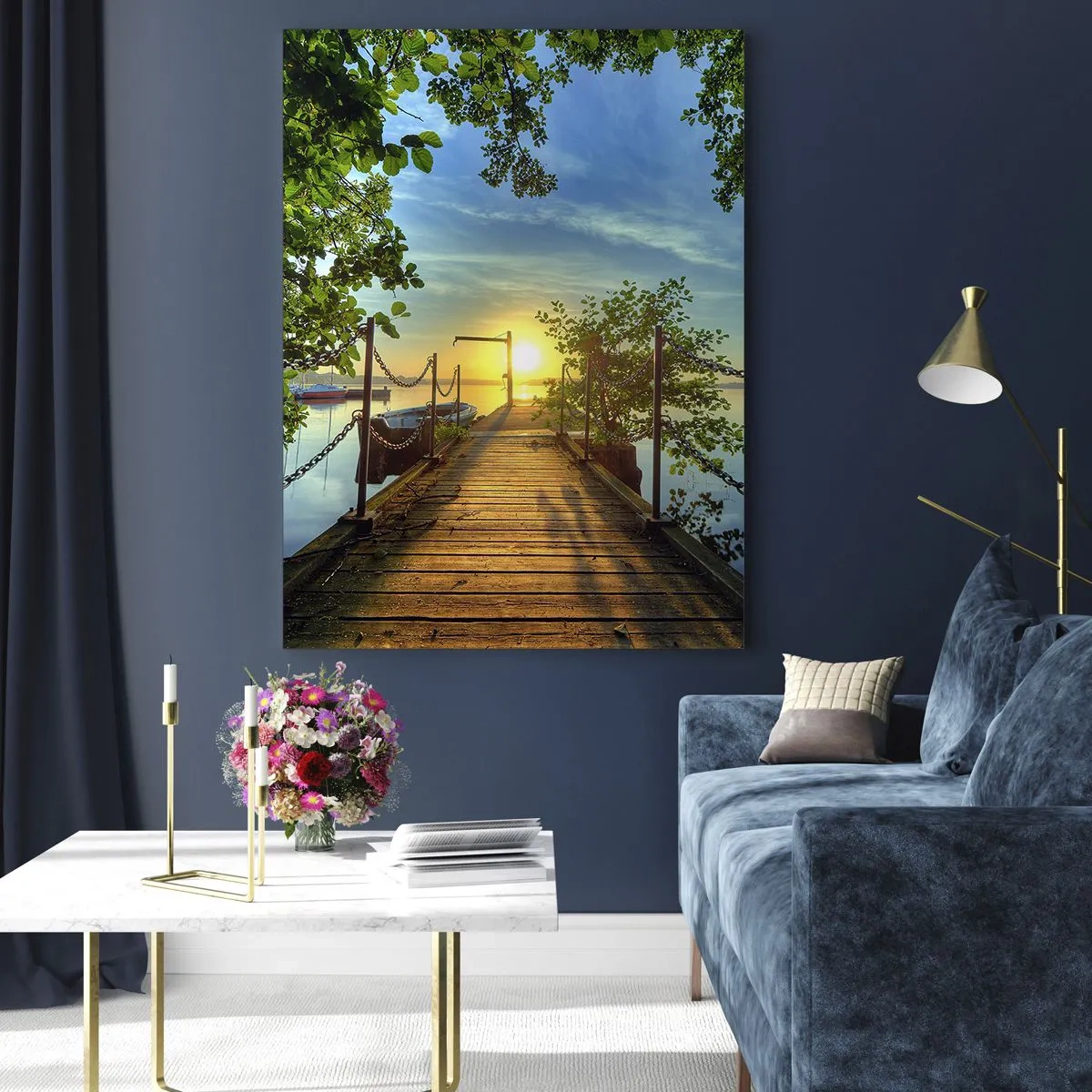 Cuadro sobre vidrio - Impresiones sobre Vidrio - Un muelle sobre el lago bajo los rayos del atardecer. - 80x120cm - Atardecer junto al agua - Decoración de pared moderna para salón y dormitorio ARTTOR