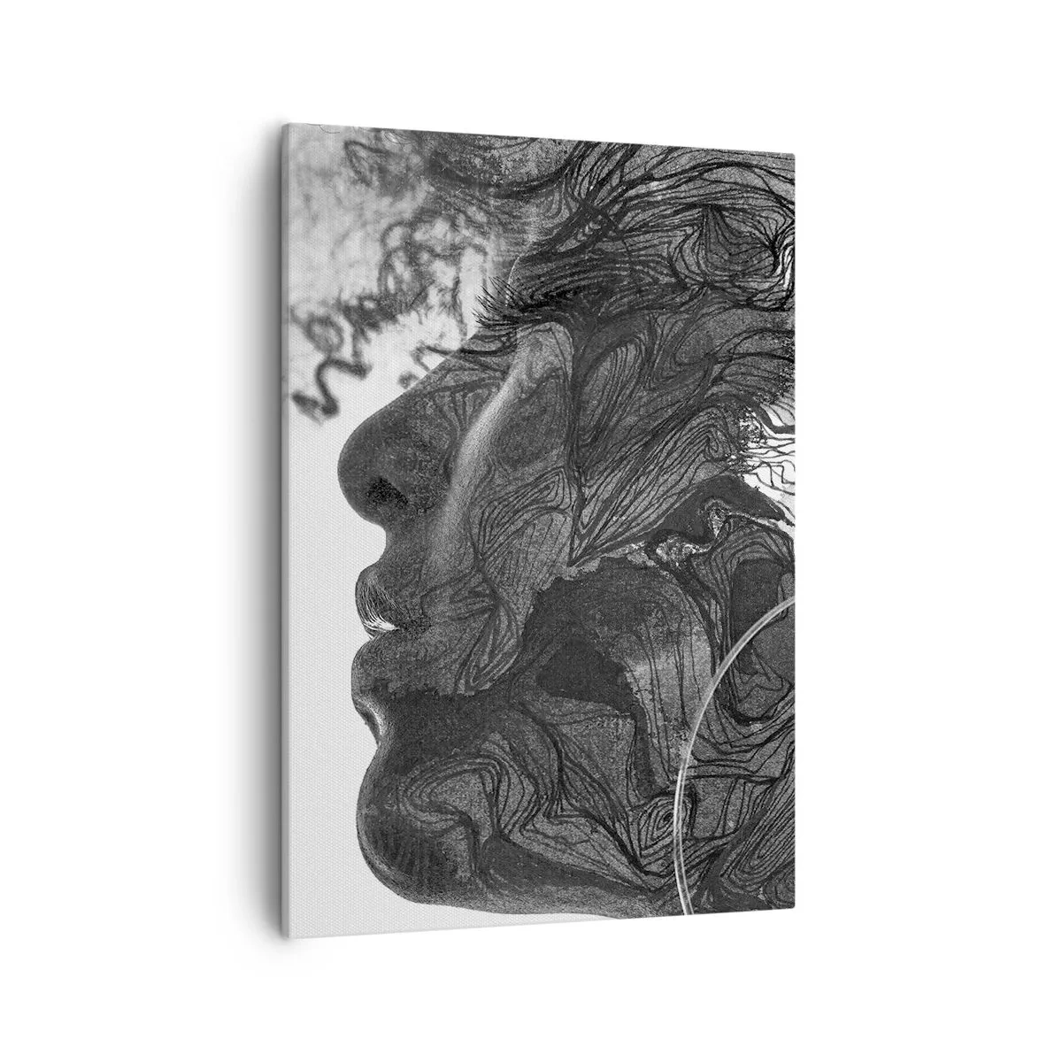 Cuadro sobre lienzo - Impresión de Imagen - Rostro abstracto en blanco y negro con líneas dinámicas. - 50x70cm - Enredada en sueños - Decoración de pared moderna para salón y dormitorio ARTTOR