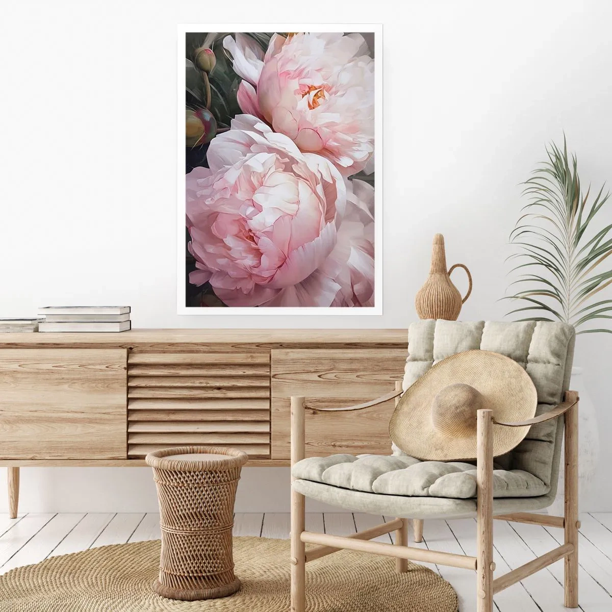 Póster - Delicadas peonías en tonos pastel de rosa y blanco. - 50x70cm - En flor - Decoración de pared moderna para salón y dormitorio ARTTOR