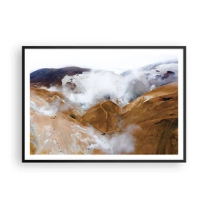 Póster en marco negro - Un paisaje de montaña con vapor en un clima duro. - 100x70cm - La dura belleza de Islandia - Decoración de pared moderna para salón y dormitorio ARTTOR