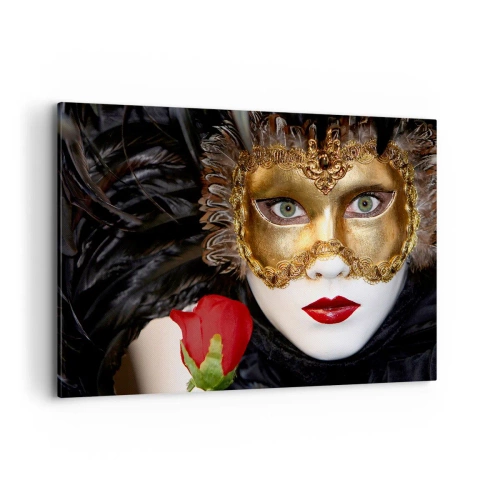 Cuadro sobre lienzo - Impresión de Imagen - Máscara veneciana dorada con plumas y rosa roja, motivo misterioso. - 100x70cm - Porque la vida es un gran baile - Decoración de pared moderna para salón y dormitorio ARTTOR