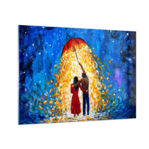 Cuadro sobre vidrio - Impresiones sobre Vidrio - Una pareja bajo una sombrilla rodeada de luz dorada contra el cielo nocturno. - 70x50cm - La magia de una tarde lluviosa - Decoración de pared moderna para salón y dormitorio ARTTOR