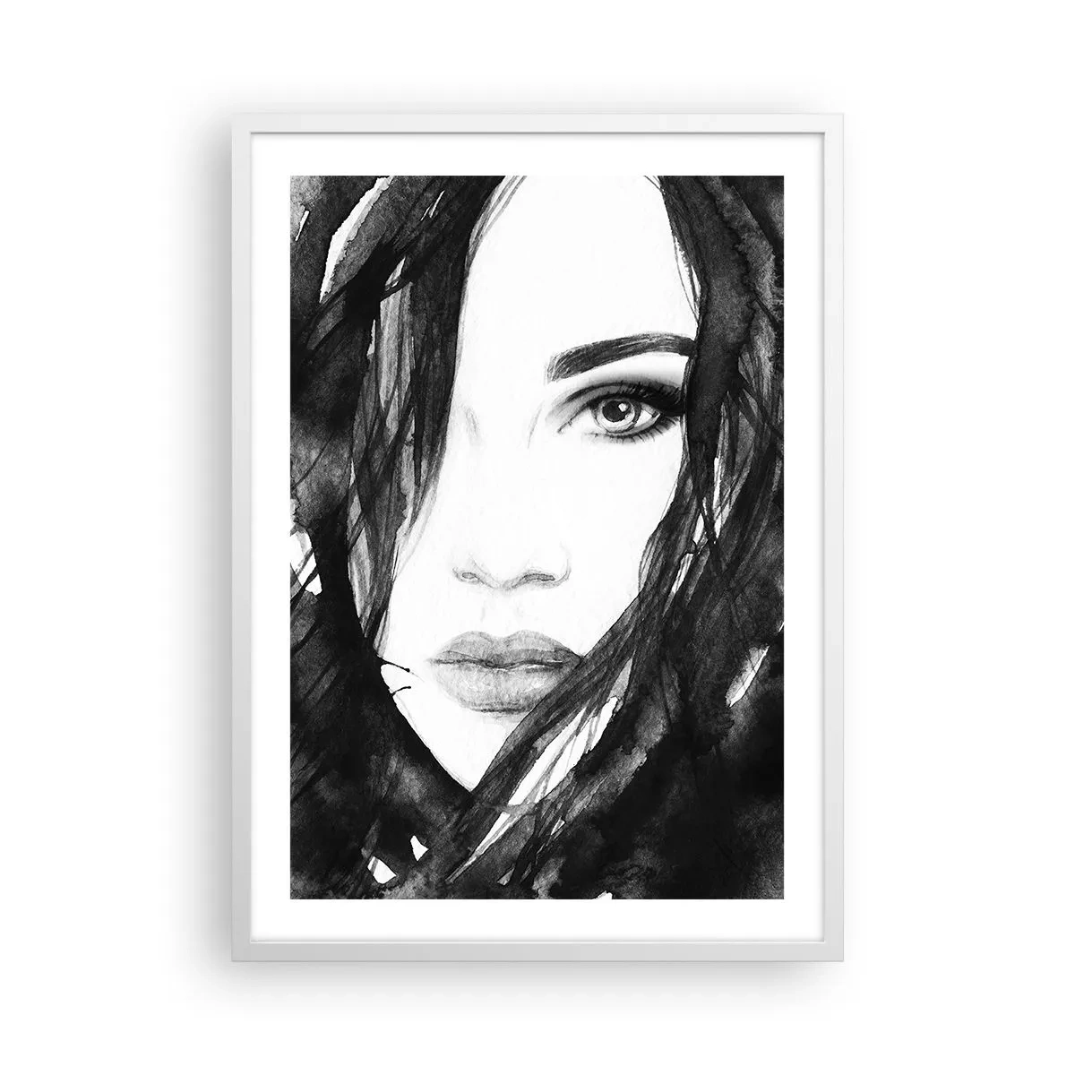 Póster en marco blanco - Retrato de una dama en blanco y negro - 50x70 cm