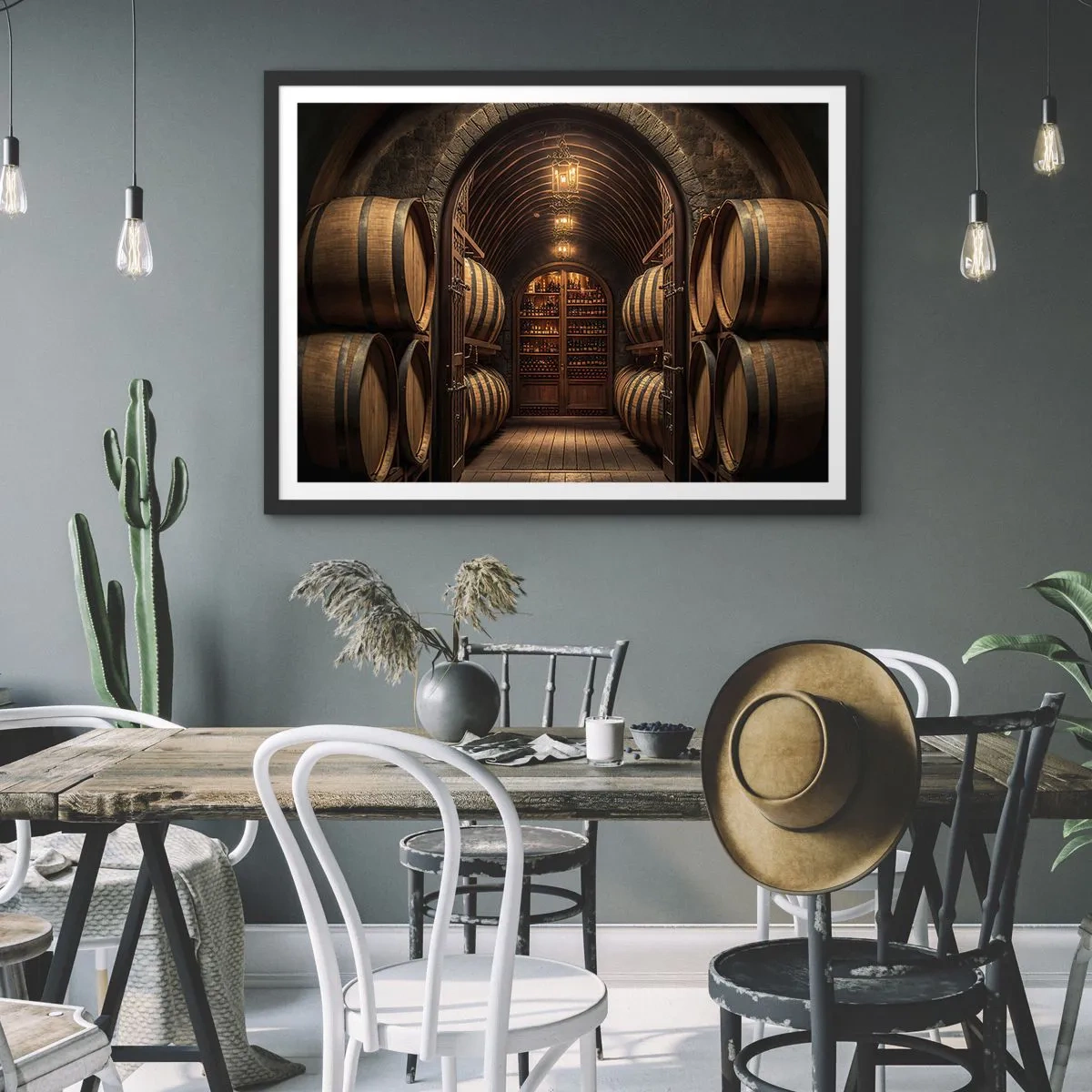 Póster en marco negro - Bodega con barriles de madera y estantes para vinos. - 70x50cm - Sótano atmosférico - Decoración de pared moderna para salón y dormitorio ARTTOR