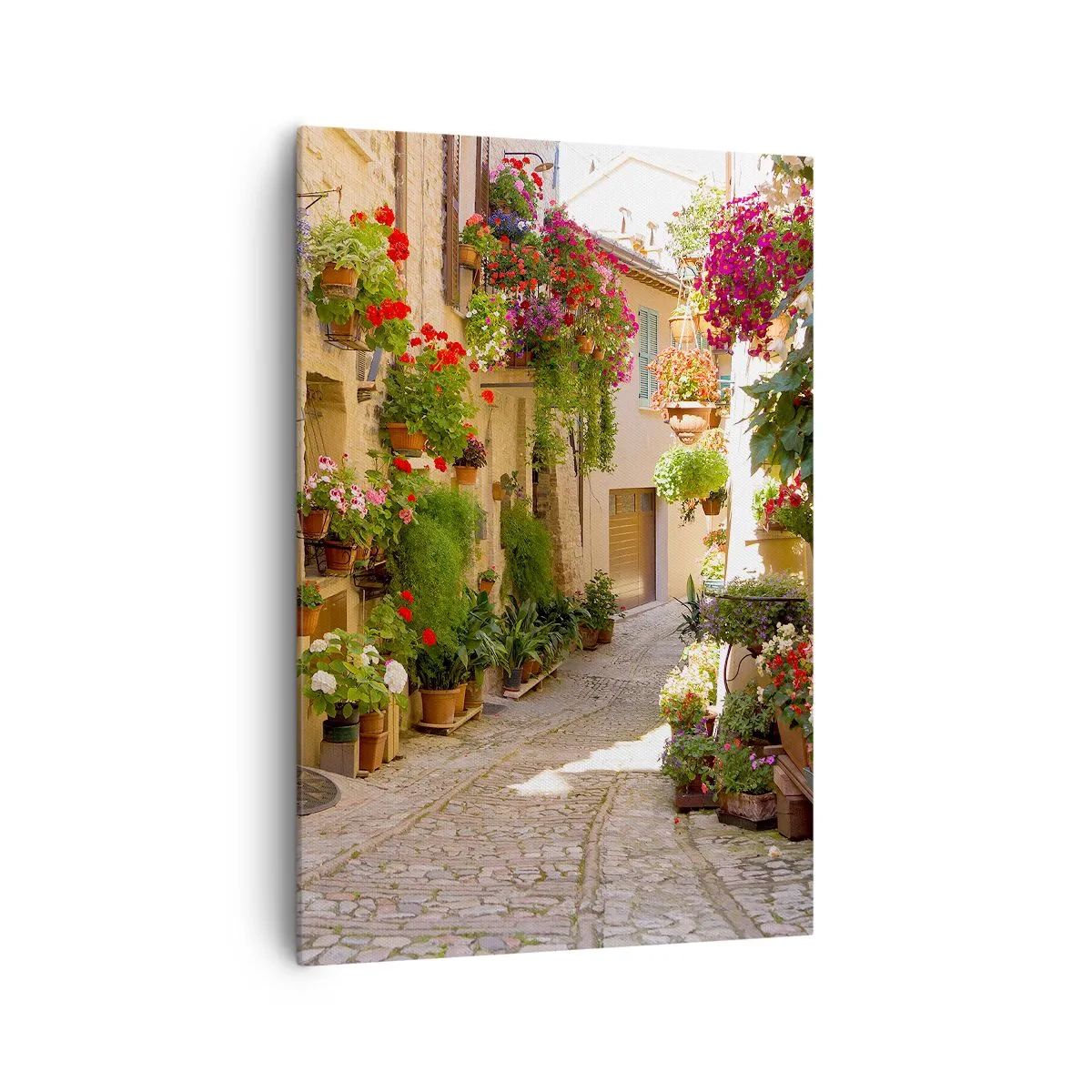 Cuadro sobre lienzo - Impresión de Imagen - Una calle con flores en macetas y muros de piedra. - 70x100cm - En un torrente de flores - Decoración de pared moderna para salón y dormitorio ARTTOR