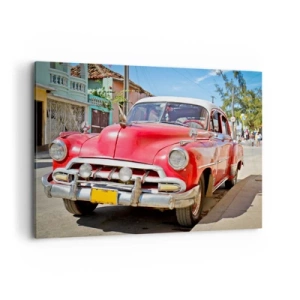 Cuadro sobre lienzo - Impresión de Imagen - Un coche clásico rojo aparcado en la calle en un día soleado. - 100x70cm - Solo en Cuba - Decoración de pared moderna para salón y dormitorio ARTTOR