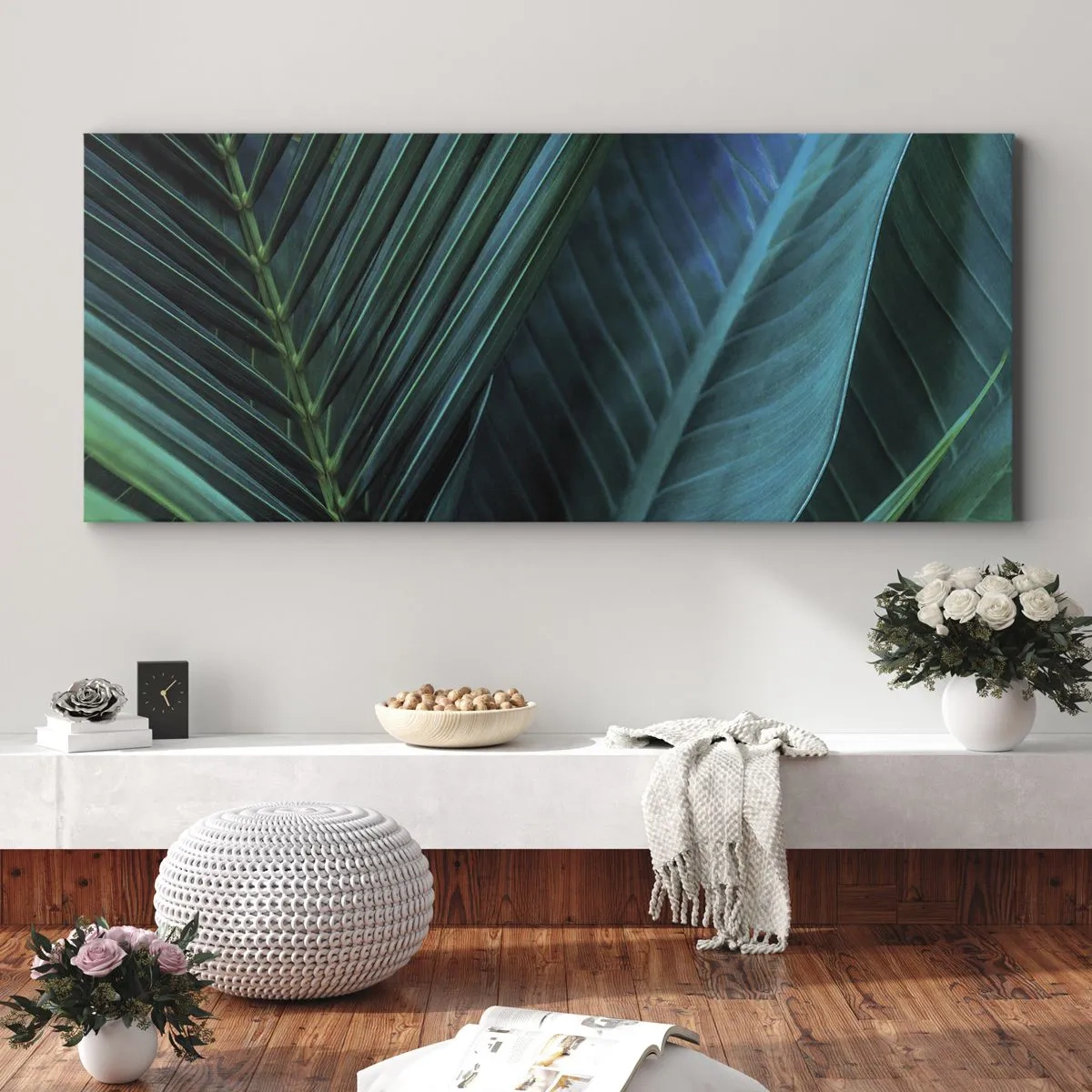Cuadro sobre lienzo - Impresión de Imagen - Primer plano de hojas verdes tropicales - 120x50cm - Anatomía del verde - Decoración de pared moderna para salón y dormitorio ARTTOR