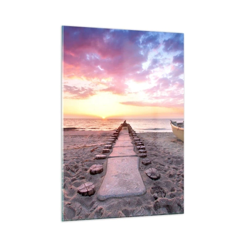 Cuadro sobre vidrio - Impresiones sobre Vidrio - Playa al atardecer con barco y muelle - 50x70cm - Un momento de profunda experiencia - Decoración de pared moderna para salón y dormitorio ARTTOR