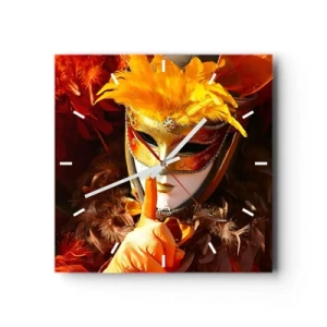 Reloj de pared - Reloj de vidrio - Máscara de carnaval en tonos dorados y naranjas. - 30x30cm - El misterio es parte del juego - Decoración de pared moderna para salón y dormitorio ARTTOR