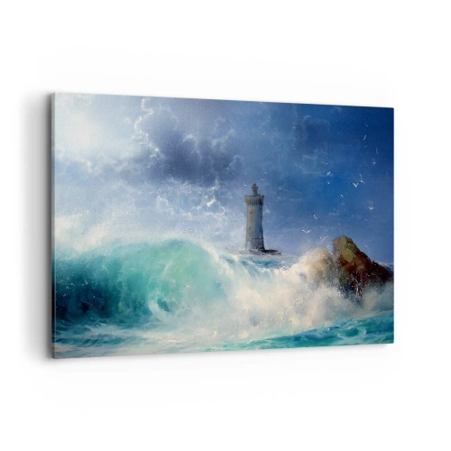 Cuadro sobre lienzo - Impresión de Imagen - Un faro rodeado de fuertes olas y nubes. - 120x80cm - En guardia contra los elementos - Decoración de pared moderna para salón y dormitorio ARTTOR