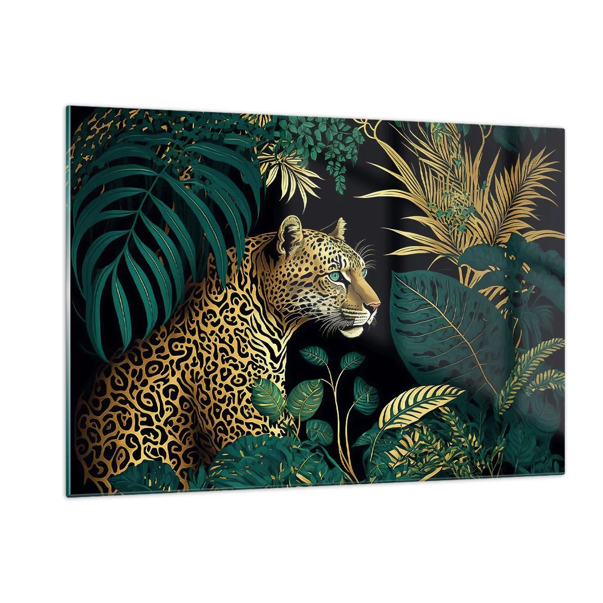 Cuadro sobre vidrio - Impresiones sobre Vidrio - Un leopardo entre hojas tropicales sobre un fondo oscuro. - 120x80cm - El anfitrión en la jungla - Decoración de pared moderna para salón y dormitorio ARTTOR