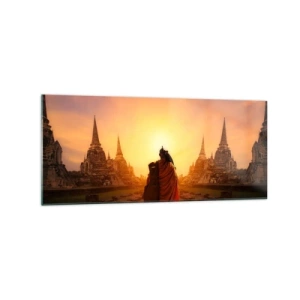 Cuadro sobre vidrio - Impresiones sobre Vidrio - Un monje entre los templos al atardecer. - 120x50cm - En paz por la eternidad - Decoración de pared moderna para salón y dormitorio ARTTOR