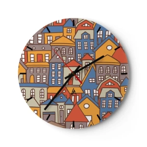 Reloj de pared - Reloj de vidrio - Edificios coloridos en estilo gráfico. - 30x30cm - Casa tras casa - Decoración de pared moderna para salón, cocina y dormitorio ARTTOR