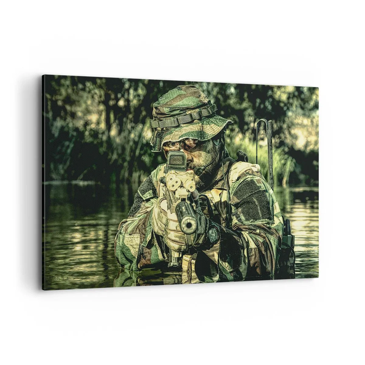 Cuadro sobre lienzo - Impresión de Imagen - Un soldado camuflado apunta a través del agua. - 100x70cm - El mejor de entre la élite - Decoración de pared moderna para salón y dormitorio ARTTOR