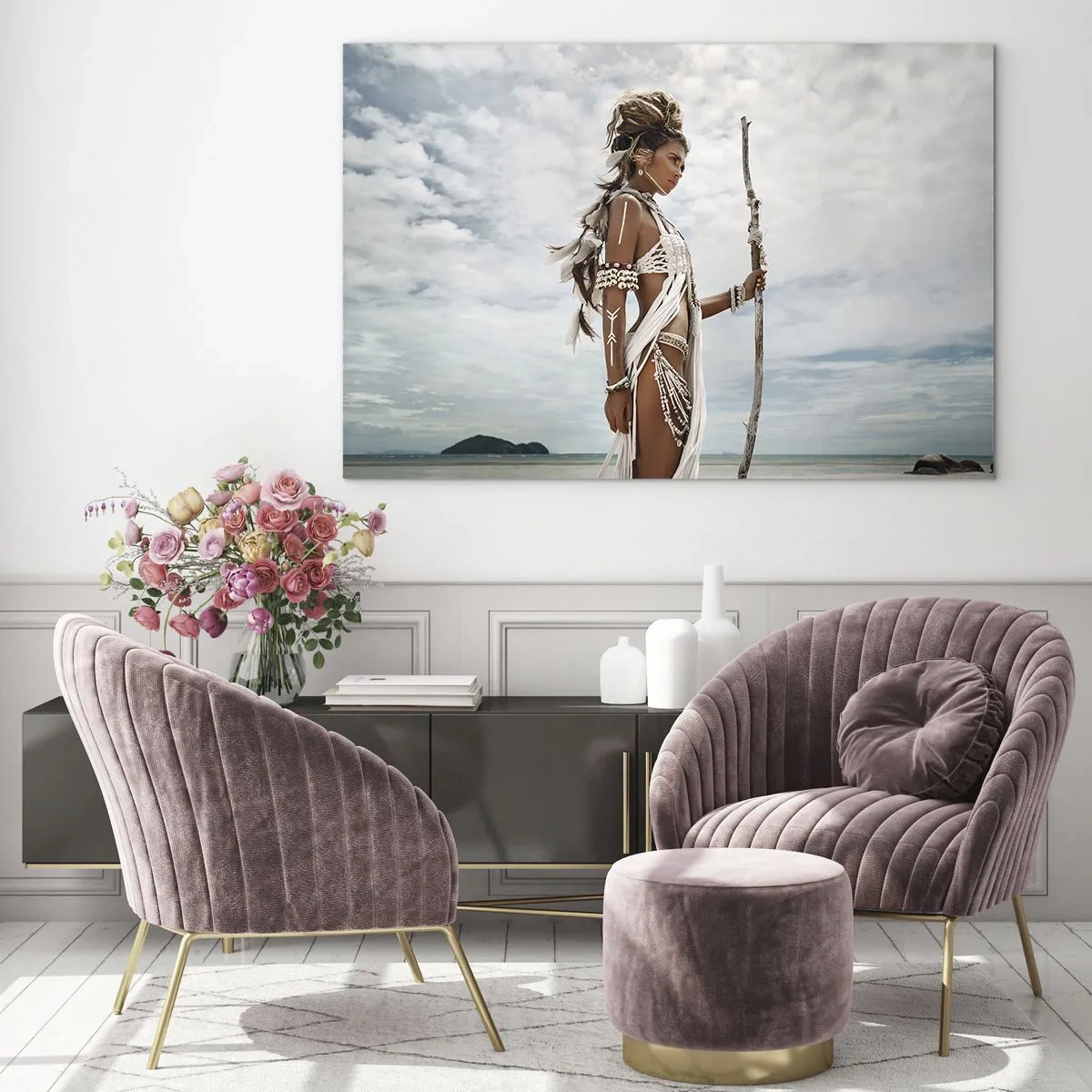 Cuadro sobre vidrio - Impresiones sobre Vidrio - Una figura exótica contra la playa y el cielo. - 70x50cm - Reina de los trópicos - Decoración de pared moderna para salón y dormitorio ARTTOR