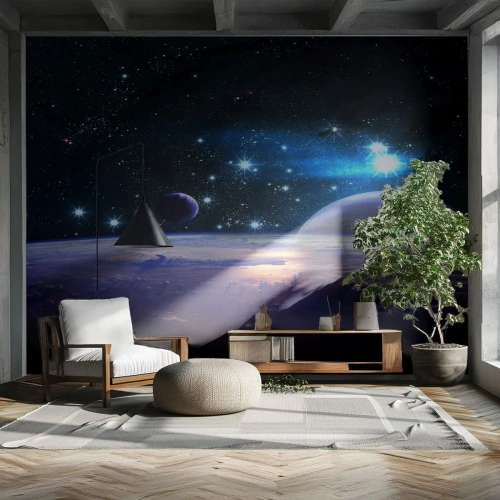 Fotomural Premium Sand - Vista espacial con planetas y estrellas. - 100x70cm - ¿Sigues solo? - Decoración de pared moderna para salón y dormitorio ARTTOR