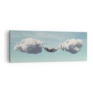Cuadro sobre lienzo - Impresión de Imagen - Una persona relajándose en una hamaca suspendida en las nubes. - 140x50cm - La felicidad del momento - Decoración de pared moderna para salón y dormitorio ARTTOR