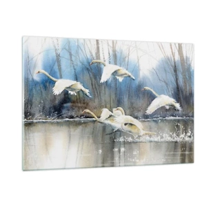 Cuadro sobre vidrio - Impresiones sobre Vidrio - Cisnes salvajes volando sobre un tranquilo lago del bosque - 120x80cm - Como en un cuento de cisnes salvajes - Decoración de pared moderna para salón y dormitorio ARTTOR