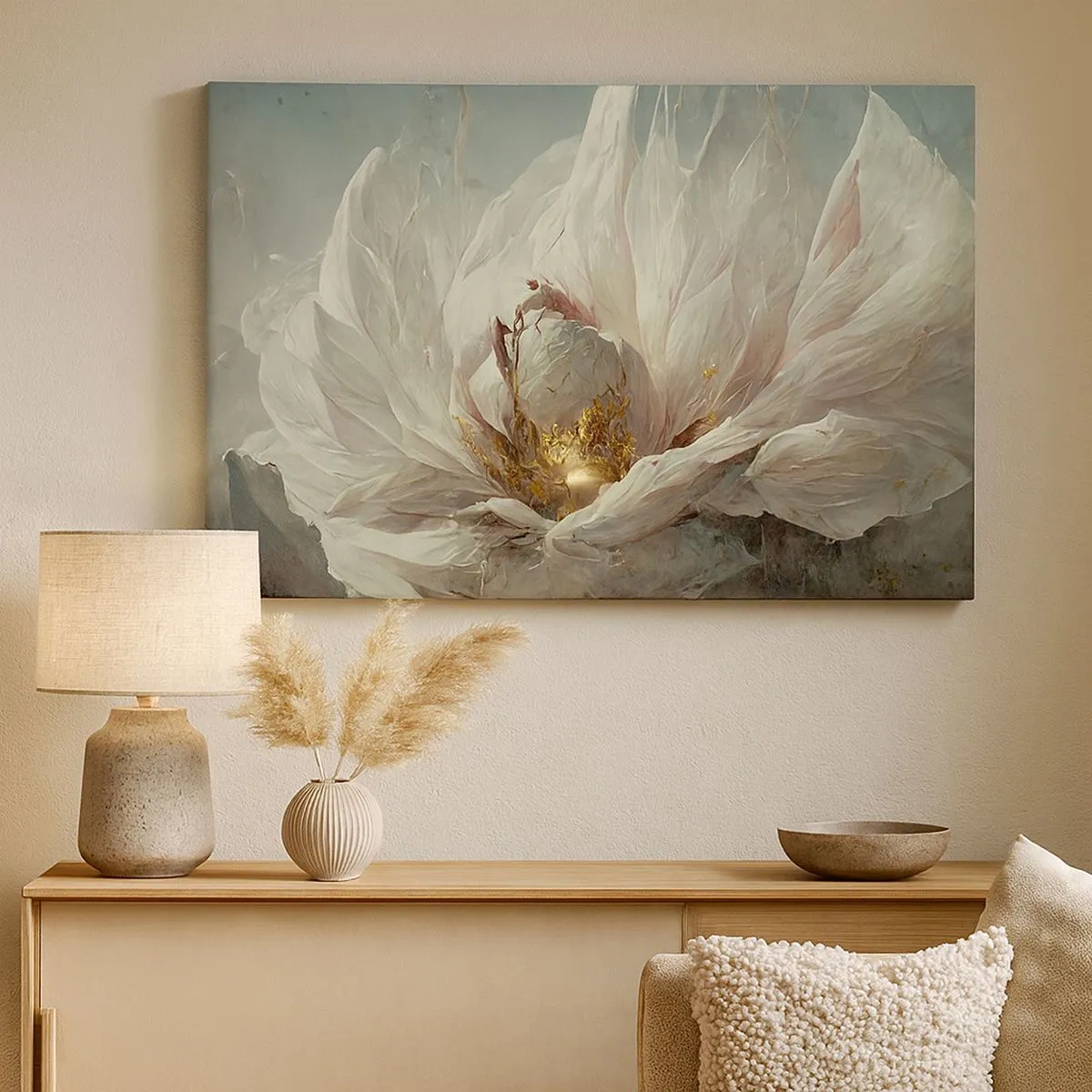 Cuadro sobre lienzo - Impresión de Imagen - Una delicada flor blanca con sutiles acentos dorados. - 70x50cm - Florece una vez cada cien años - Decoración de pared moderna para salón y dormitorio ARTTOR