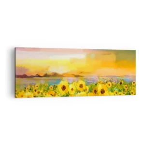 Cuadro sobre lienzo - Impresión de Imagen - Un campo de girasoles a la luz del sol poniente. - 140x50cm - El propio sol ha bajado a la Tierra - Decoración de pared moderna para salón y dormitorio ARTTOR