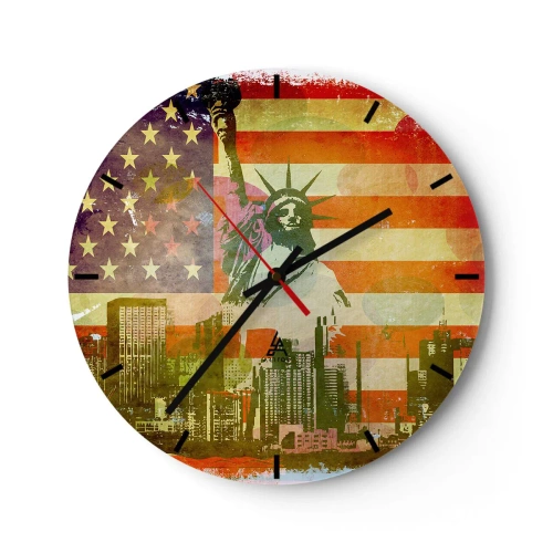 Reloj de pared - Reloj de vidrio - La Estatua de la Libertad con la bandera de Estados Unidos y el paisaje urbano como telón de fondo. - 30x30cm - ¡Viva América! - Decoración de pared moderna para salón, cocina y dormitorio ARTTOR