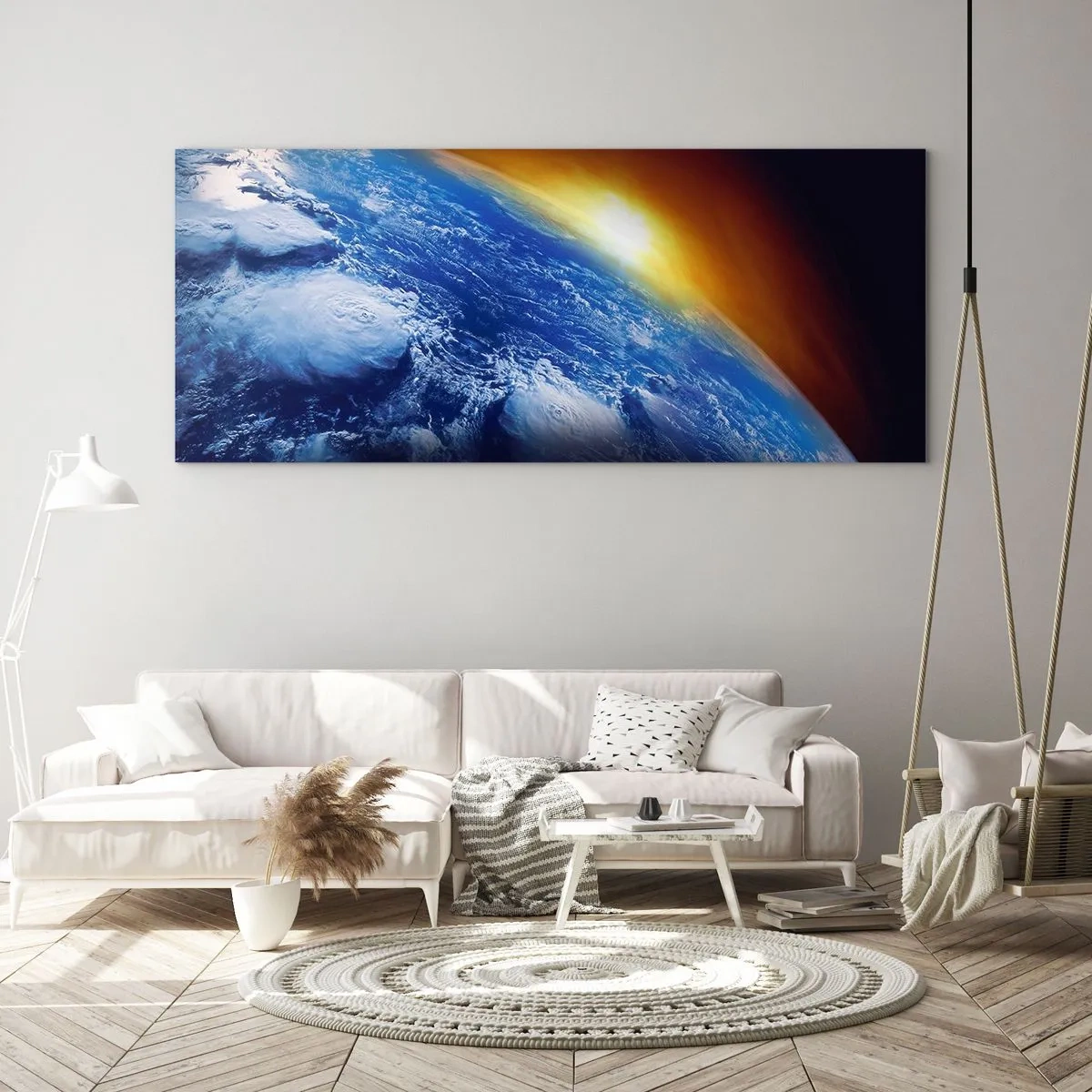 Cuadro sobre vidrio - Impresiones sobre Vidrio - Amanecer en un planeta azul - 100x40 cm