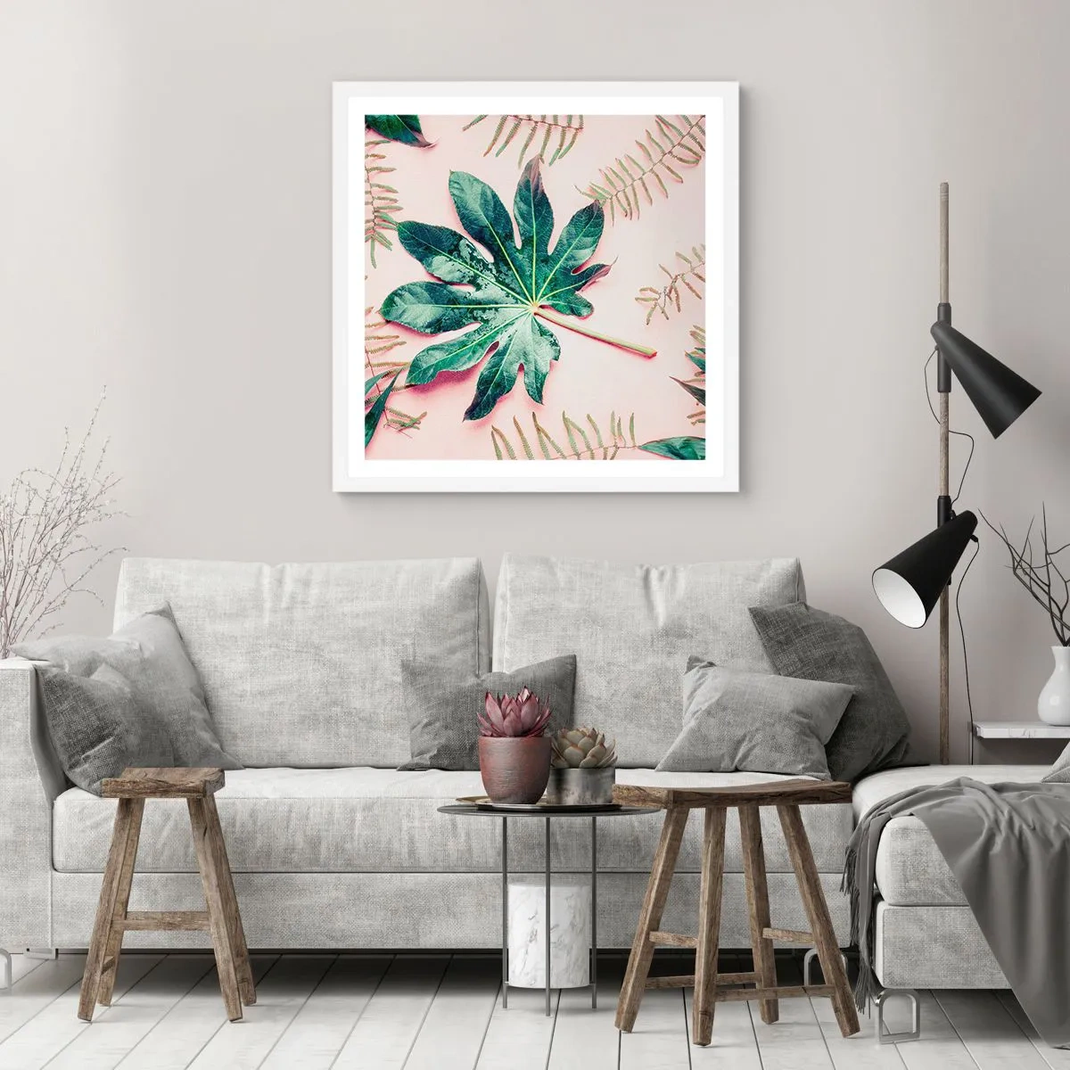 Póster en marco blanco - Estudio de vegetación sobre fondo rosa - 30x30 cm