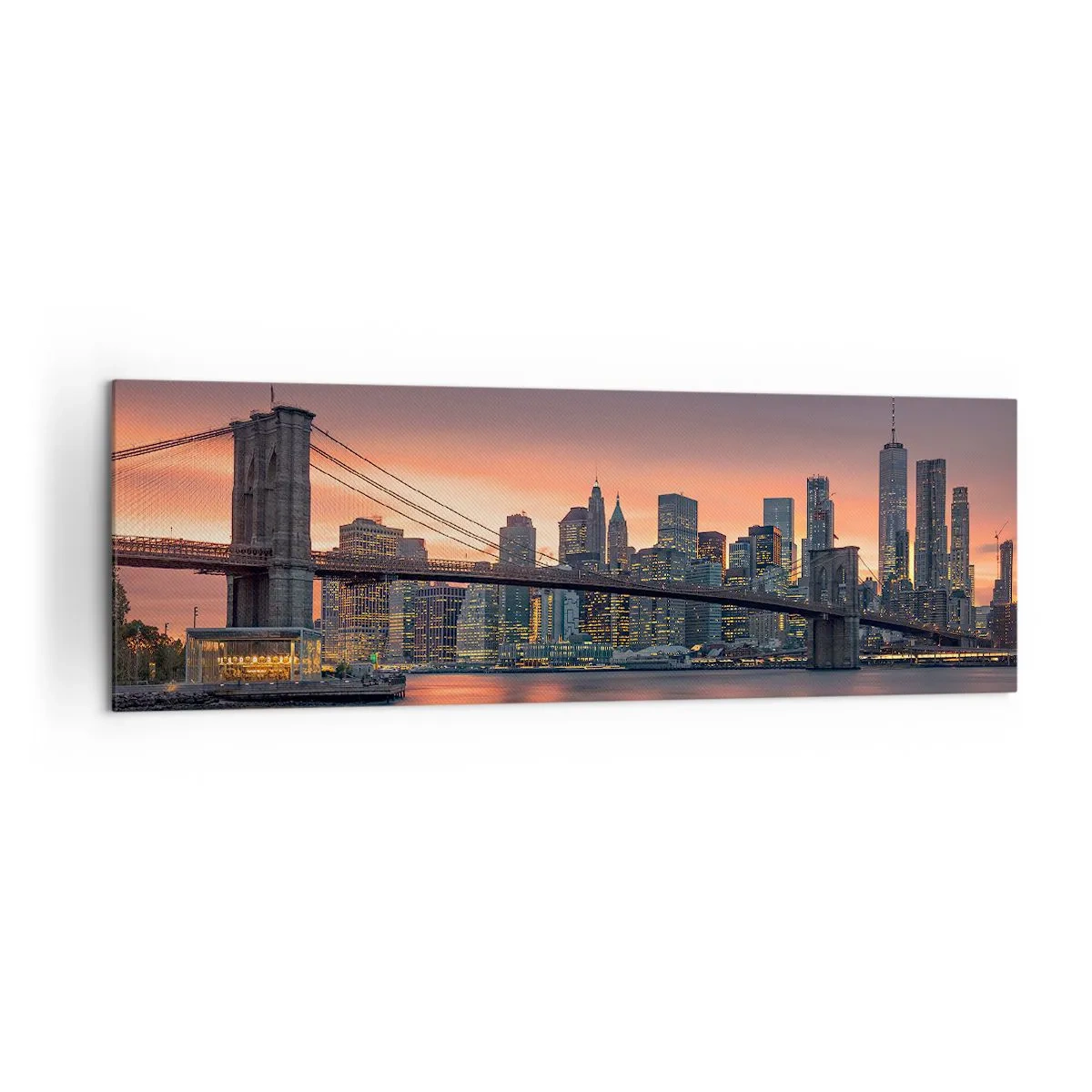 Cuadro sobre lienzo - Impresión de Imagen - Panorama nocturno de la ciudad con un puente y un cielo iluminado. - 160x50cm - Ahogado en el silencio lila - Decoración de pared moderna para salón y dormitorio ARTTOR