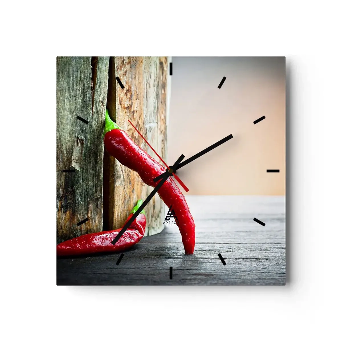 Reloj de pared - Reloj de vidrio - Pimientos rojos picantes - 40x40 cm