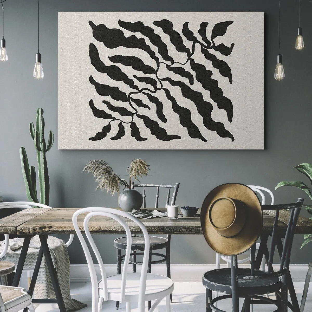 Cuadro sobre lienzo - Impresión de Imagen - Ramitas con hojas en negro sobre un fondo claro - 70x50cm - La naturaleza de un cuadrado - Decoración de pared moderna para salón y dormitorio ARTTOR