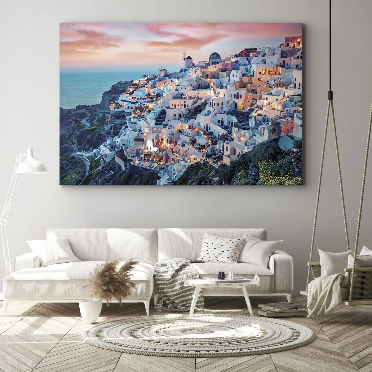 Cuadro sobre lienzo - Impresión de Imagen - Santorini al atardecer con edificios blancos en la colina - 70x50cm - Vacaciones en Grecia - Decoración de pared moderna para salón y dormitorio ARTTOR