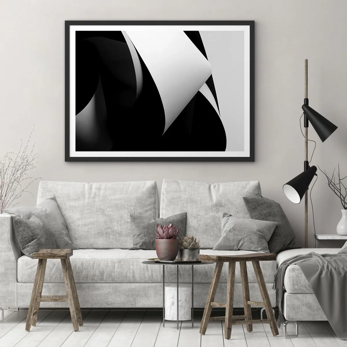 Póster en marco negro - Formas abstractas en blanco y negro con contrastes llamativos. - 70x50cm - Planos de luz desde las profundidades de la sombra - Decoración de pared moderna para salón y dormitorio ARTTOR