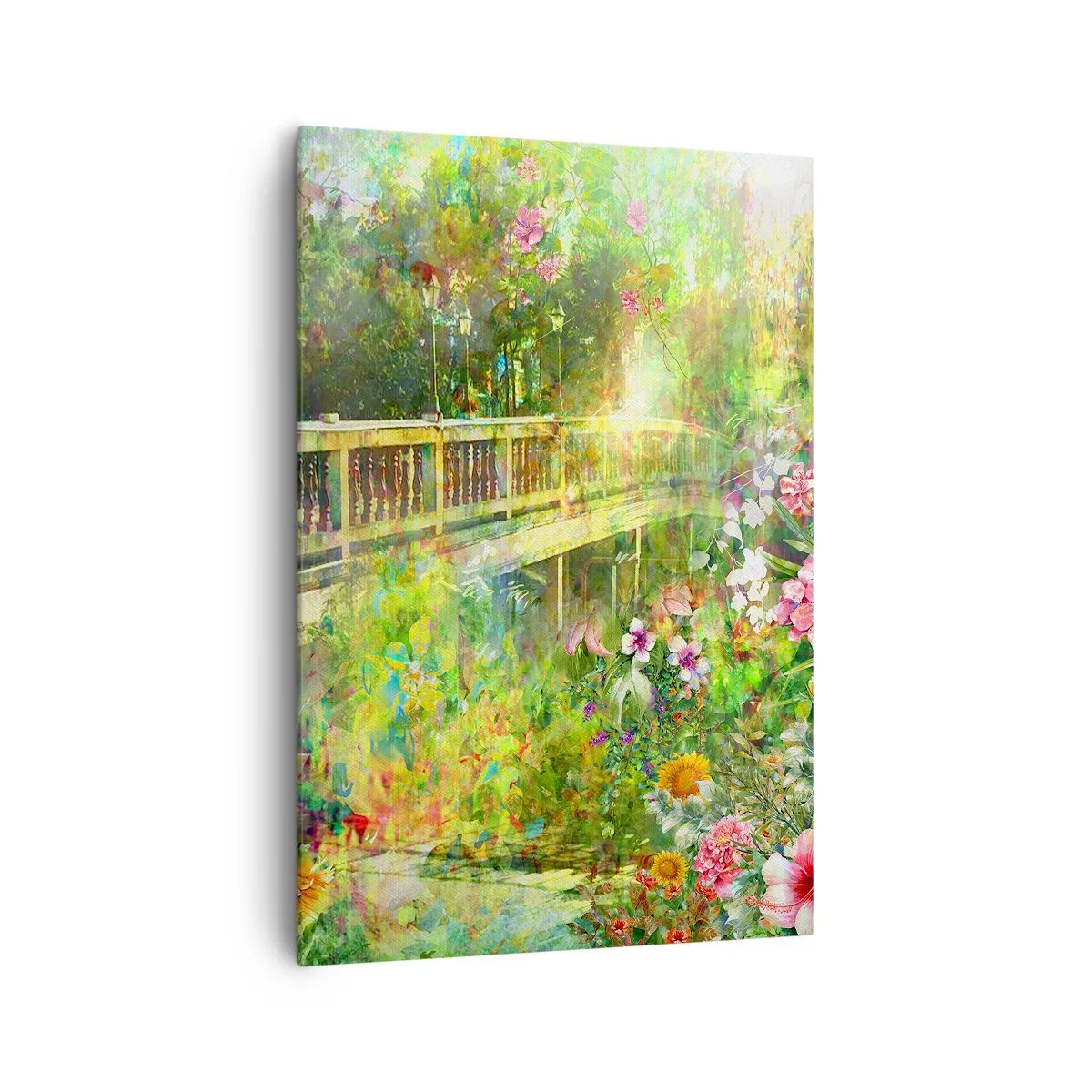 Cuadro sobre lienzo - Impresión de Imagen - Un puente rodeado de exuberante vegetación y flores. - 70x100cm - Un puente de suspiros de primavera - Decoración de pared moderna para salón y dormitorio ARTTOR