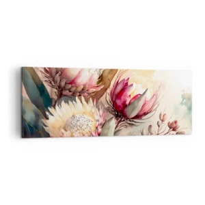 Cuadro sobre lienzo - Impresión de Imagen - Flores de protea en delicados tonos pastel. - 140x50cm - De perfil y de frente - Decoración de pared moderna para salón y dormitorio ARTTOR
