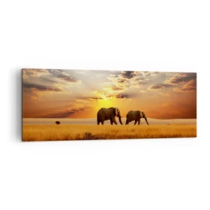 Cuadro sobre lienzo - Impresión de Imagen - Elefantes en la sabana al atardecer - 140x50cm - Un paseo en familia - Decoración de pared moderna para salón y dormitorio ARTTOR