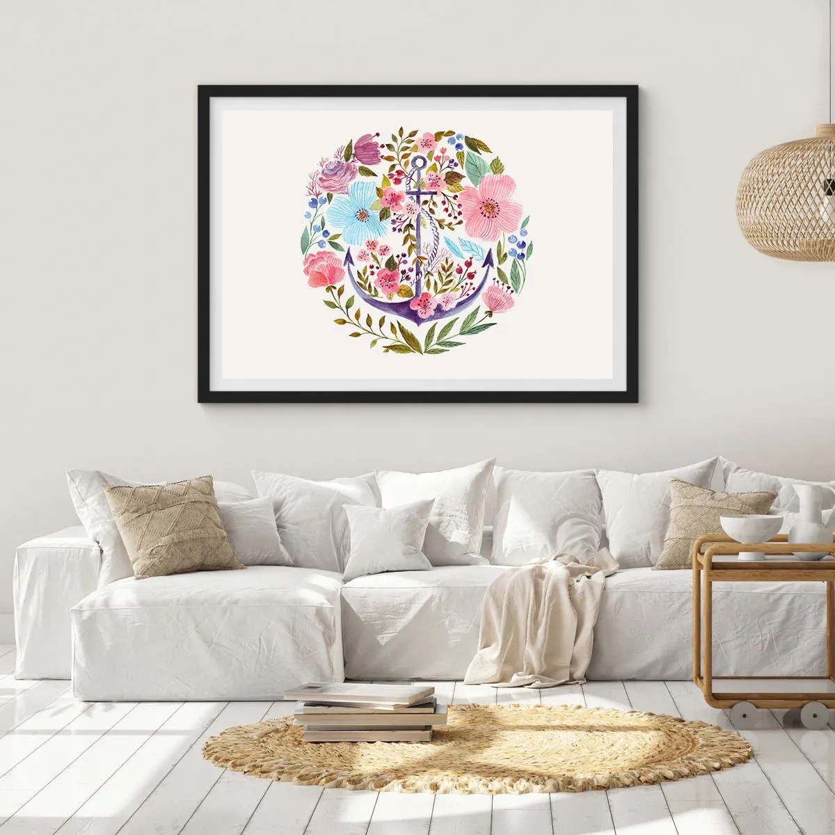 Póster en marco negro - Un ancla rodeada de flores de acuarela sobre un fondo claro. - 70x50cm - El sueño reparador de un marinero - Decoración de pared moderna para salón y dormitorio ARTTOR
