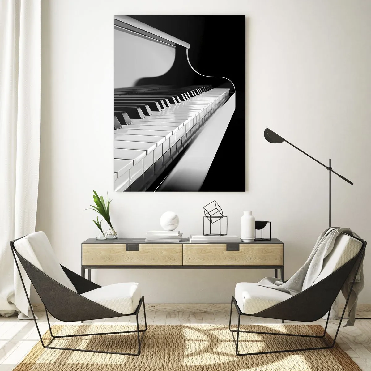 Cuadro sobre vidrio - Impresiones sobre Vidrio - Teclado de piano en blanco y negro en perspectiva - 50x70cm - Armonía musical - Decoración de pared moderna para salón y dormitorio ARTTOR