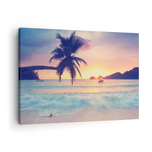Cuadro sobre lienzo - Impresión de Imagen - Playa con palmera y puesta de sol sobre el océano. - 70x50cm - Atardecer en la bahía - Decoración de pared moderna para salón y dormitorio ARTTOR