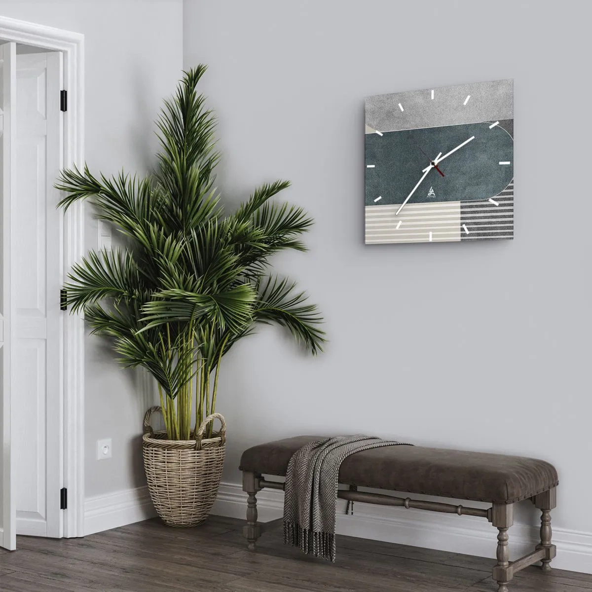 Reloj de pared - Reloj de vidrio - Abstracción geométrica en tonos grises y verdes. - 30x30cm - Composición horizontal - Decoración de pared moderna para salón y dormitorio ARTTOR
