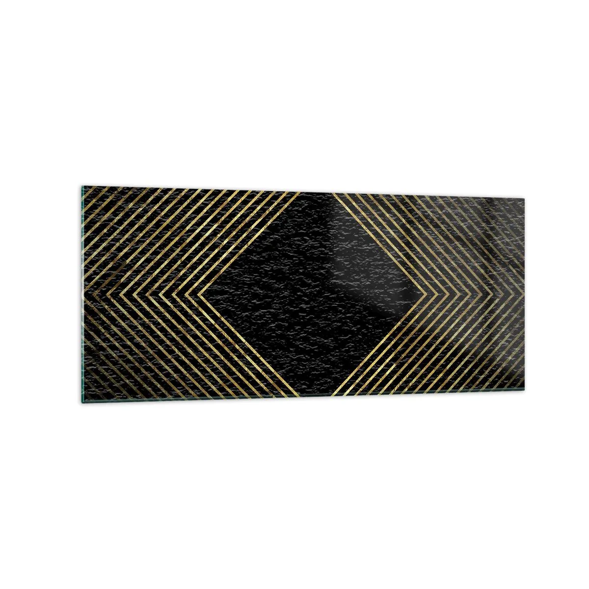 Cuadro sobre vidrio - Impresiones sobre Vidrio - Fondo negro con un patrón geométrico de líneas doradas. - 120x50cm - Geometría al estilo glamour - Decoración de pared moderna para salón y dormitorio ARTTOR