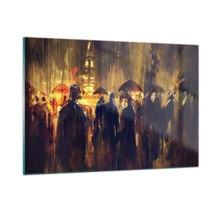 Cuadro sobre vidrio - Impresiones sobre Vidrio - Una multitud con paraguas bajo la lluvia con el telón de fondo de las luces de la ciudad. - 120x80cm - Seguidores de la lluvia - Decoración de pared moderna para salón y dormitorio ARTTOR
