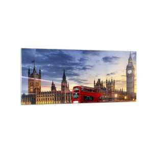 Cuadro sobre vidrio - Impresiones sobre Vidrio - Un autobús rojo con el Big Ben y las Casas del Parlamento al fondo al anochecer. - 120x50cm - Lo más característico - Decoración de pared moderna para salón y dormitorio ARTTOR