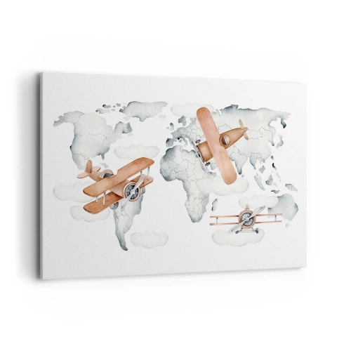 Cuadro sobre lienzo - Impresión de Imagen - Ilustración de un mapa del mundo con aviones - 120x80cm - Con espíritu pionero - Decoración de pared moderna para salón y dormitorio ARTTOR