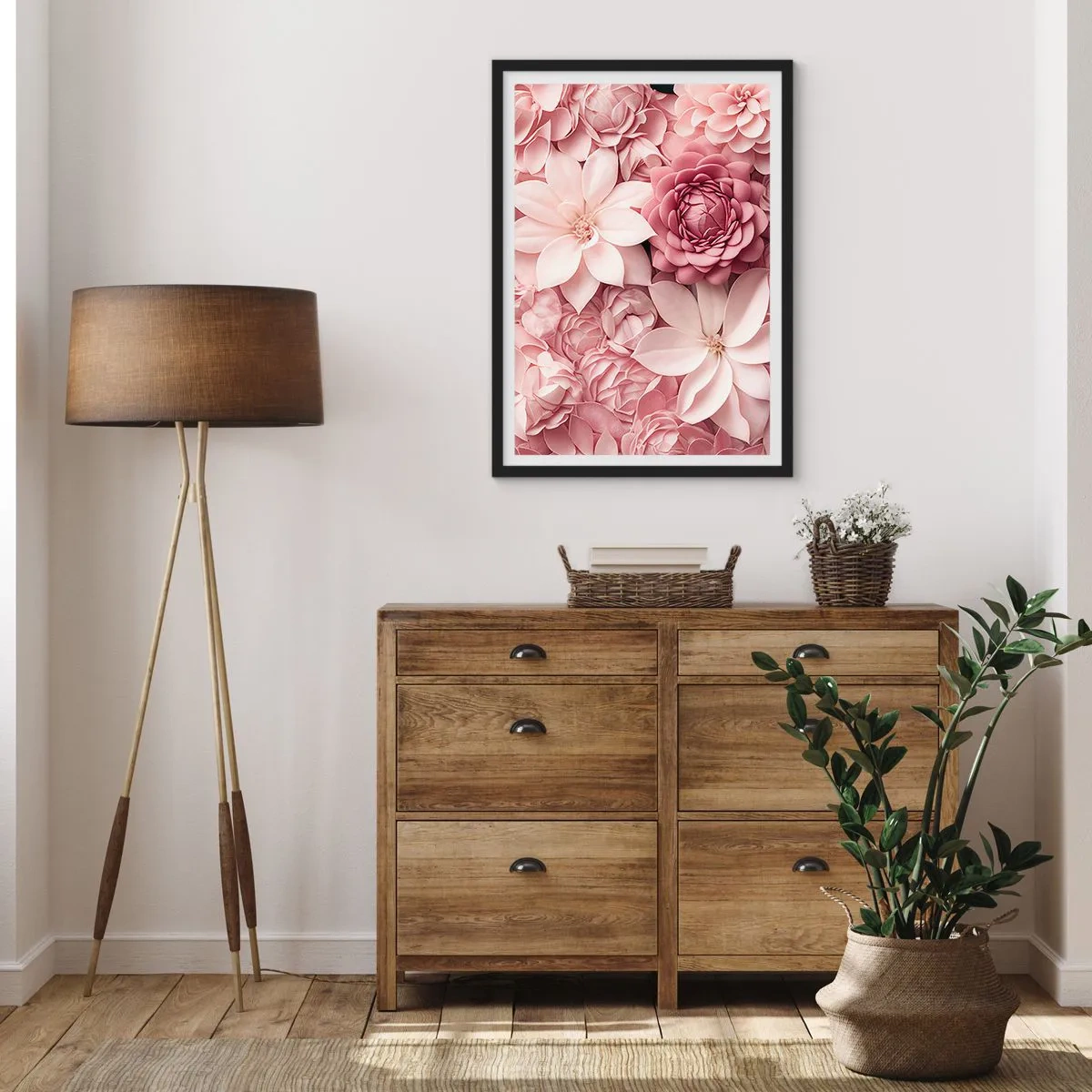 Póster en marco negro - Flores rosas en una elegante composición. - 50x70cm - Entre pétalos rosas - Decoración de pared moderna para salón y dormitorio ARTTOR