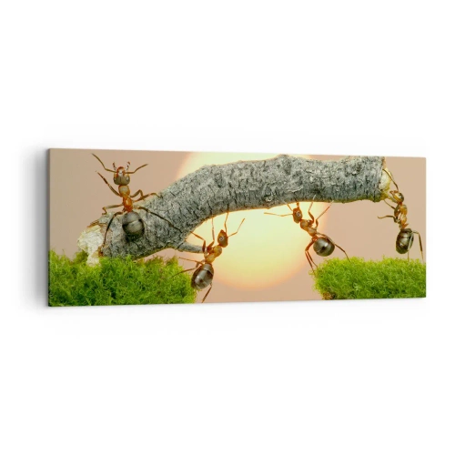 Cuadro sobre lienzo - Impresión de Imagen - Hormigas construyendo un puente de ramas con el sol poniente como telón de fondo. - 140x50cm - Trabajar juntos con alegría - Decoración de pared moderna para salón y dormitorio ARTTOR