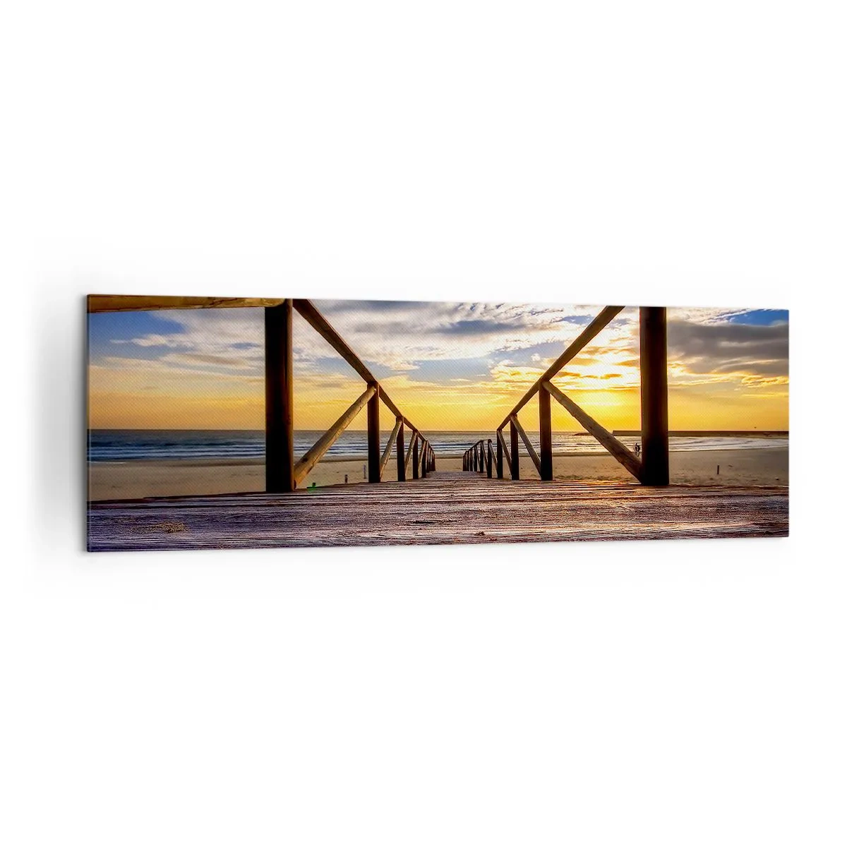 Cuadro sobre lienzo - Impresión de Imagen - Muelle de madera que conduce a la playa al atardecer - 160x50cm - Directamente hacia una playa tranquila al atardecer - Decoración de pared moderna para salón y dormitorio ARTTOR