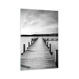 Cuadro sobre vidrio - Impresiones sobre Vidrio - Un embarcadero blanco y negro en un lago tranquilo. - 70x100cm - En el lago de la paz - Decoración de pared moderna para salón y dormitorio ARTTOR