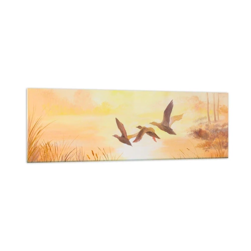 Cuadro sobre vidrio - Impresiones sobre Vidrio - Patos volando al amanecer sobre el lago - 160x50cm - El comienzo de un largo viaje - Decoración de pared moderna para salón y dormitorio ARTTOR